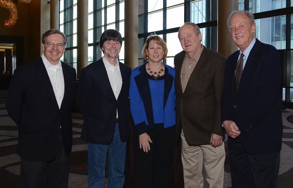 (l-r) Jim Free, CMA ex-officio Board member and President/CEO of The Smith-Free Group; Ken Burns; Sarah Trahern, CMA Chief Executive Officer; Dayton Duncan; Frank Bumstead, CMA Board President and Chairman of Flood, Bumstead, McCready & McCarthy. (Photo Credit: Caitlin Harris / CMA)