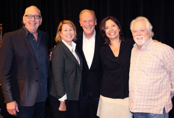 (L-R) John Esposito, incoming Chairman of the CMA Board and President and CEO of Warner Music Nashville; Sarah Trahern, CMA Chief Executive Officer; Frank Bumstead, outgoing CMA Board Chairman and Chairman of Flood, Bumstead, McCready & McCarthy, Inc.; Sally Williams, incoming CMA Board President and General Manager of Ryman Auditorium; and Bill Simmons, incoming CMA Board President-Elect and Vice President at The Fitzgerald Hartley Company. (Not pictured: Jessie Schmidt, returning CMA Board Secretary/Treasurer and President of Schmidt Relations.) (Photo: Christian Bottorff)